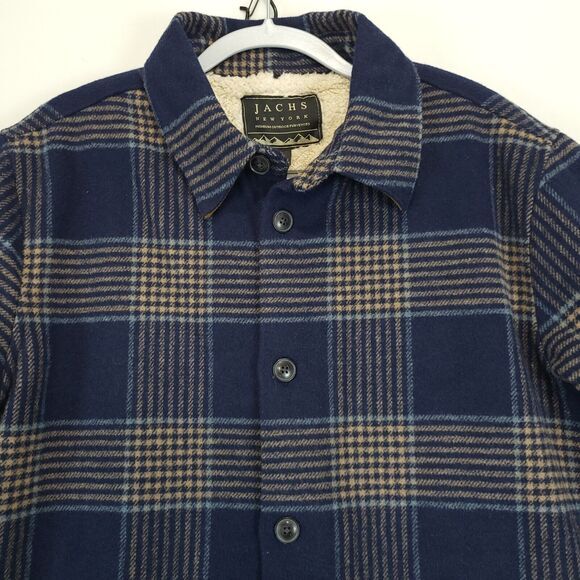 Jachs NY Sherpa Lined Blue Plaid‎ Shirt Jacket Wool Blend Men L Buttons Pockets - Picture 6 of 16